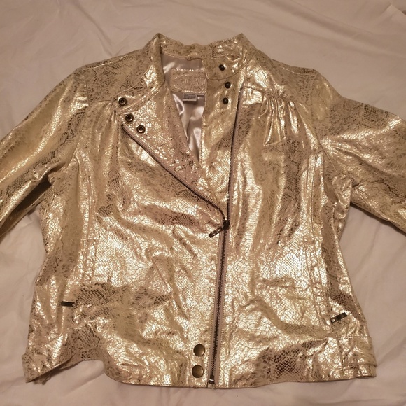 Ivory & Gold Python Snake Real Leather Moto Jacket - Picture 2 of 5